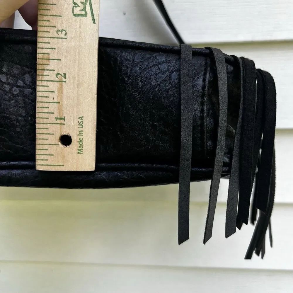 Rampage Black Boho Fringe Crossbody Bag Shoulder Purse Western Textured Pebble